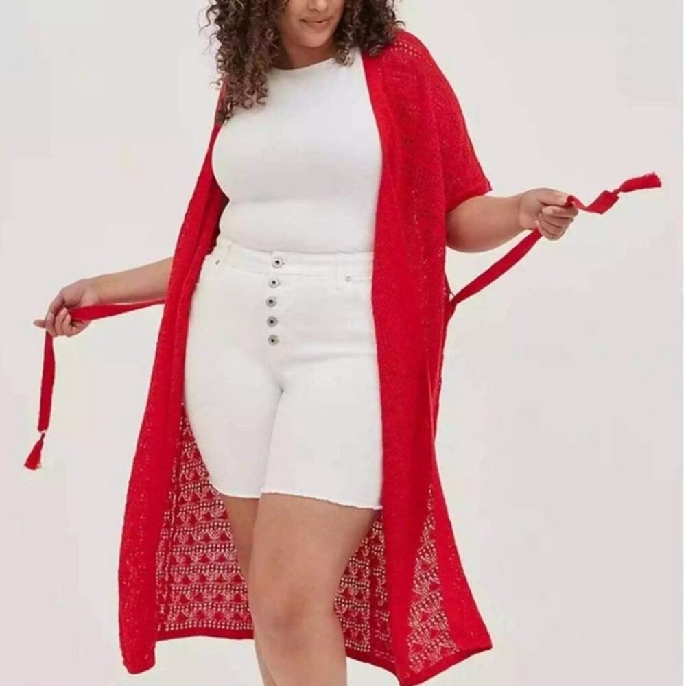 Torrid Women' s Red Knit Crochet Duster Coverup Belted Tie Waist Size 1/2